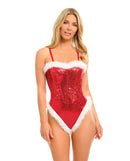 Holiday Sparkle Strapless Sequin Teddy Red White 2X in red sequins and marabou trim, perfect festive lingerie.