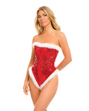 Holiday Sparkle Strapless Sequin Teddy Red White 2X on model, featuring sequins and marabou trim for festive glamour.