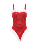 Holiday Sparkle Strapless Sequin Teddy Red White Small featuring shimmering sequins and soft marabou trim.