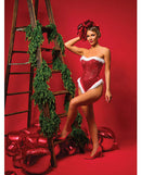 Holiday Sparkle Strapless Sequin Teddy Red White Small worn by a model with festive decorations in a red setting.