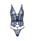 Bleu Floral Embroidered Boned Bustier and G-String Navy XL featuring floral embroidery and sheer mesh design.