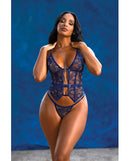 Bleu Floral Embroidered Boned Bustier and G-String Navy XL showcasing floral embroidery and sheer mesh.