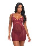 Marisol Unlined Underwire Lace & Mesh Babydoll Zinfandel S/M showcasing delicate lace and mesh design in rich zinfandel shade.
