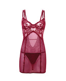 Marisol Unlined Underwire Lace & Mesh Babydoll Zinfandel S/M by Oh La La Cheri in sheer red with matching G-string.