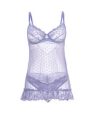 Amira Lace and Mesh Babydoll with Panty Purple Haze L/XL on a white background, highlighting its soft lace and sheer design.