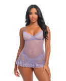 Oh La La Cheri Amira Lace Babydoll With Panty Purple Haze in soft lavender with lace trims and sheer pin dot mesh.