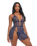 Oh La La Cheri Bleu Embroidered Babydoll Set Navy Large featuring floral embroidery and gold-tone details.