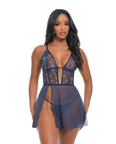 Bleu Floral Embroidered V-Plunge Babydoll Navy XL featuring sheer mesh and floral embroidery.