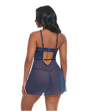 Back view of Bleu Floral Embroidered V-Plunge Babydoll Navy XL highlighting sheer mesh and elegant design.