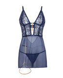 Bleu Floral Embroidered V-Plunge Babydoll Navy XL featuring sheer mesh and floral design.