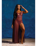 Antonella Lace Underwire Gown with O-Ring Burgundy Large on model, showcasing sheer lace and dramatic side slit.