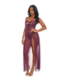 Antonella Lace Underwire Gown with O-Ring Burgundy Medium, revealing floor-skimming silhouette with side slit, perfect for special evenings.