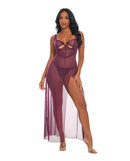 Antonella Lace Underwire Gown with O-Ring Burgundy XL featuring sheer lace and dramatic side slit.