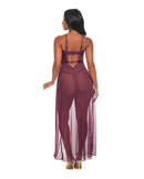 Antonella Lace Underwire Gown with O-Ring Burgundy XL, back view showcasing sheer mesh and elegant design.