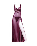 Antonella Lace Underwire Gown with O-Ring Burgundy XL showcasing a sheer lace and mesh design with a side slit.