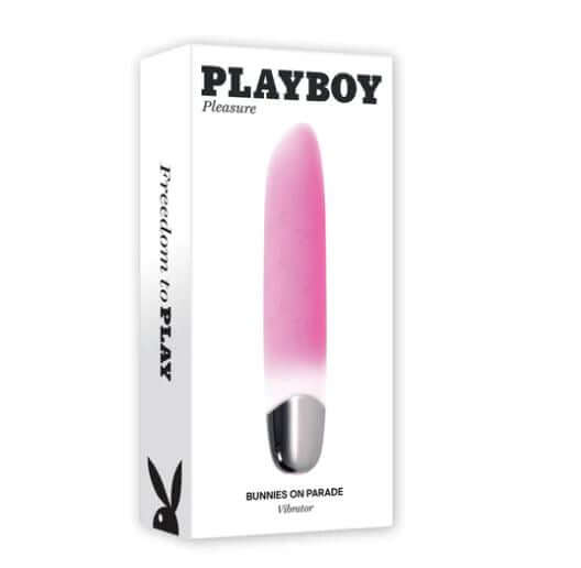 Playboy Bunnies on Parade rechargeable silicone vibrator packaging in pink and silver design.
