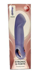 Fun Factory Stronic G Forte Thrusting Pulsator Purple in packaging, showcasing its sleek design and features.