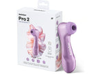 Satisfyer Pro 2 Gen 4 App Air Pulse Clitoral Stimulator in purple with packaging showing features and app connectivity.
