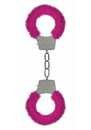 Ouch Pleasure Handcuffs Furry Pink with soft faux-fur lining and metal cuffs for playful bondage fun.