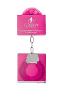 Ouch Pleasure Handcuffs Furry Pink packaging with fluffy pink cuffs and metal chain for playful bondage.