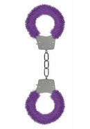 Ouch Pleasure Handcuffs Furry Purple featuring soft purple fur and metal design for a comfortable restraint experience.