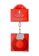 Ouch Pleasure Handcuffs Furry Red in packaging with soft fur and metal restraint for playful bondage.