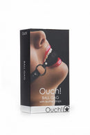 Ouch Gag Ball Black packaging featuring a model, designed for playful intimacy and restraint.