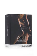 Ouch Leather Cuffs Black box packaging showcasing adjustable leather cuffs for secure restraint and comfort.