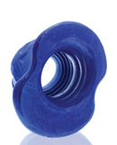Oxballs Pighole Squeal FF Hollow Plug Blue showcasing its veined texture and open center design.