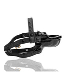 Oxballs Watersport Strap on Gag Black side view with adjustable straps and urinal funnel design.