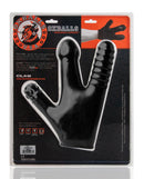 Oxballs Claw Textured Dildo Glove Black displayed in packaging, showcasing flexible textured appendages.