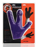 Oxballs Claw Dildo Glove Eggplant packaging showcasing the versatile, squishy dildo appendages for targeted pleasure.