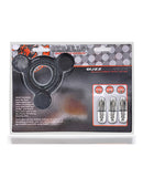 Oxballs Buzz Squeeze Ballstretcher Vibe Black packaged with vibrating bullets for enhanced sensation.