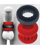 Oxballs UltraCore Ball Stretcher with Axis Ring Red Ice system shown in red and black, designed for maximum grip and stretch.