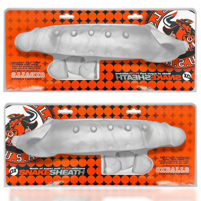 Oxballs Snake Deep-Reacher Cocksheath in Clear Ice, showcasing soft silicone texture and custom fit inserts.