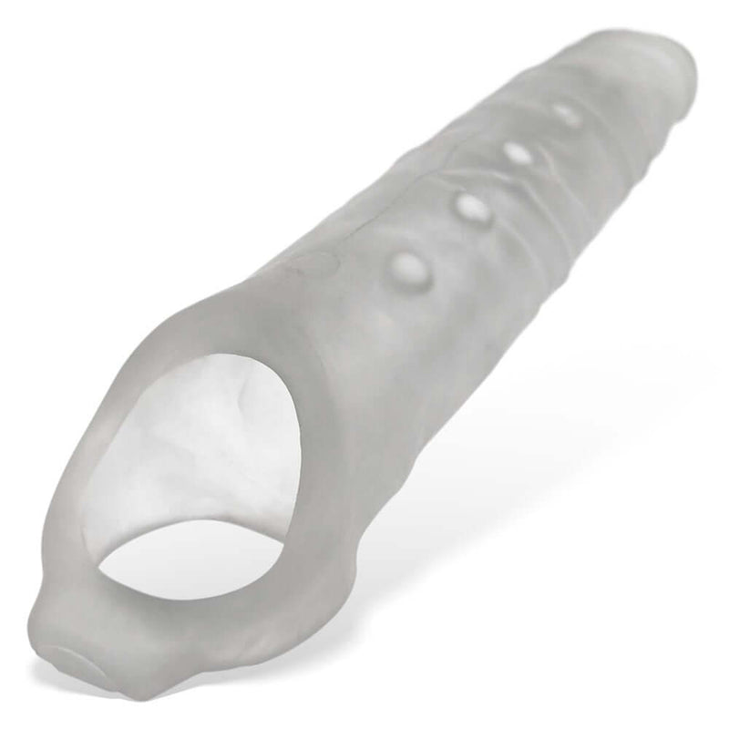 Oxballs Snake Deep-Reacher Silicone Cocksheath in Clear Ice, 11+ inches with adjustable inserts for a custom fit.