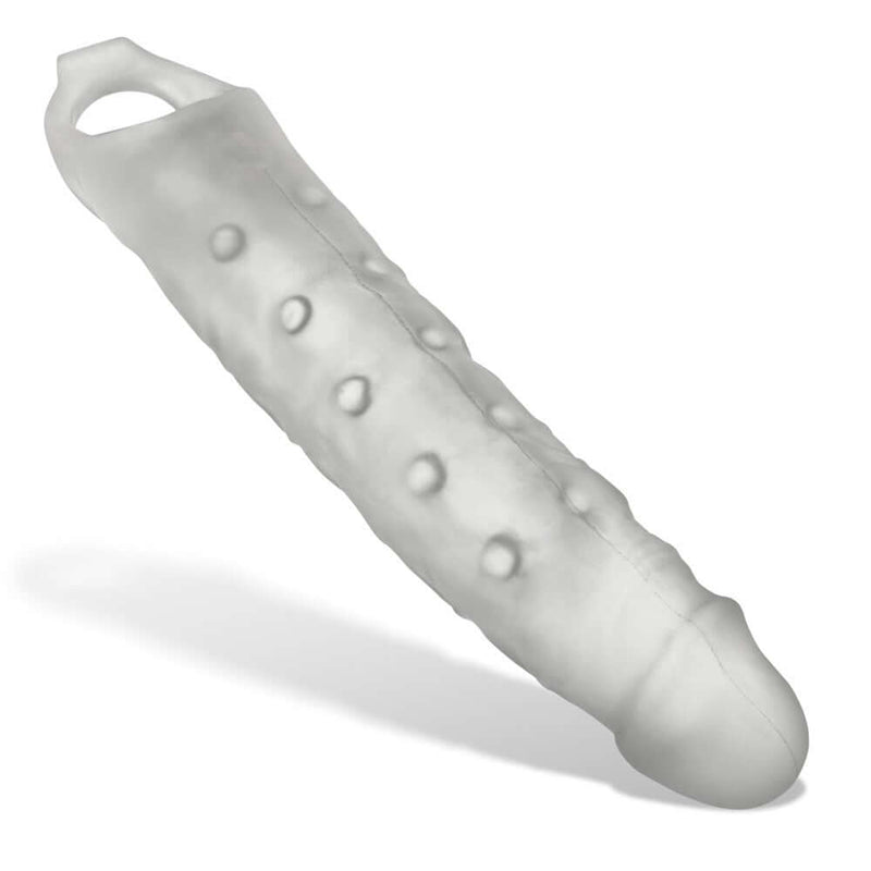 Oxballs Snake Deep-Reacher Silicone Cocksheath in Clear Ice, featuring a veiny texture and custom fit inserts.