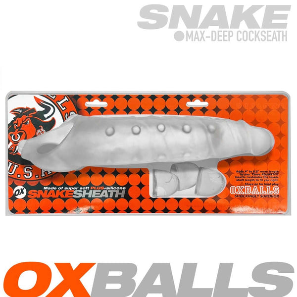 Oxballs Snake Cocksheath in Clear Ice, featuring customizable fit inserts and veiny texture for enhanced sensation.