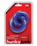 Hunky Junk Duo Linked Cock and Ball Rings Cobalt in packaging showcasing innovative design and silicone material.