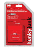 Hunky Junk Duo Linked Cock and Ball Rings Cobalt packaging showcasing dual c-ring features and silicone blend material.