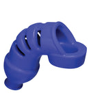 Hunky Junk Lockdown Chastity Cage Cobalt showcasing its blue silicone design and unique shape for comfortable wear.