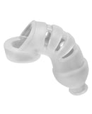 Hunky Junk Lockdown Chastity Cage Ice displayed against a white background showcasing its unique design.