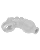 Hunky Junk Lockdown Chastity Cage Ice shown from the side, highlighting its unique shape and soft silicone material.