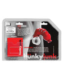 Hunky Junk Lockdown Chastity Cage Ice packaging showcasing its innovative PLUS+silicone design for comfort and security.