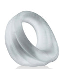 Hunky Junk Expander Slimmer Scoop Cockring Clear Steam showcasing its slim-fit and ribbed design for support.