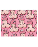 Colorful gift wrap paper featuring playful cartoon penises on a pink background, perfect for bachelorette parties.