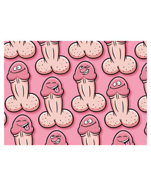 Colorful gift wrap paper featuring playful cartoon penises on a pink background, perfect for bachelorette parties.