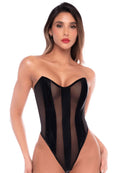 Mapale Liquid Black Strapless Mesh Teddy Bodysuit showcasing a sleek silhouette and lace-up back design.