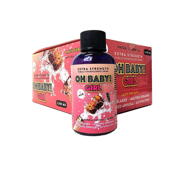 Oh Baby Girl 2500 mg Drink Shot in 12 bottle display for women's vitality and energy support.