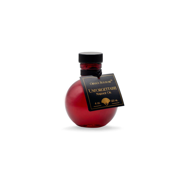 Olivia's Boudoir Massage Oil 4oz bottle – Sensual body oil with exotic fragrance and all-natural ingredients.
